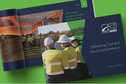A brochure with the DCI Group logo shows workers in yellow safety gear and hard hats at a construction site, highlighting civil projects ACT, with the slogan “Delivering Civil and Electrical Excellence” on a dark blue and green background.